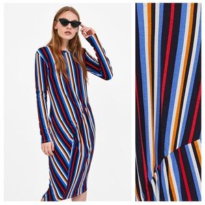 Zara Vintage Inspired Ribbed Rainbow Stripes Midi Dress